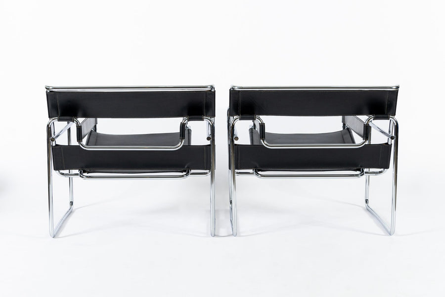Mid Century Black Leather Wassily Arm Chairs by Marcel Breuer for Knoll, 1960s