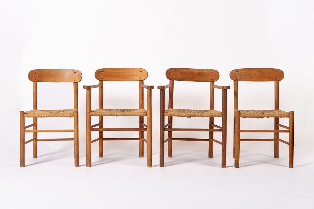 Mid Century Danish Wood & Rush Wicker Dining Chairs