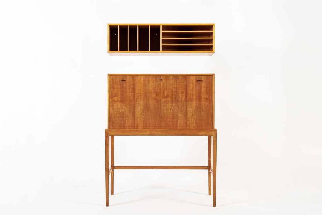 Exceptional Mid Century Danish Drop-Front Secretary Desk & Wall Shelf by Ditzel