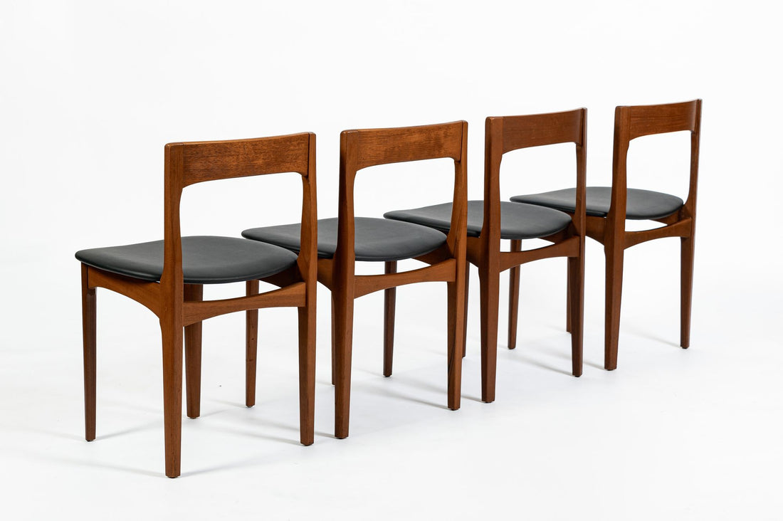 Mid Century Danish Teak Wood & Black Vinyl Dining Chairs, Set of 4