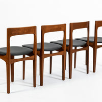 Mid Century Danish Teak Wood & Black Vinyl Dining Chairs, Set of 4