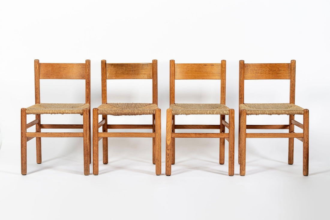 Mid Century Dutch Oak Wood and Rush Chairs by Johan van Heuvel