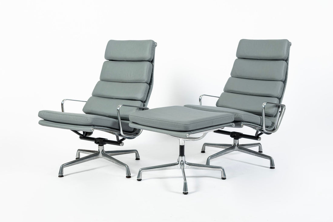 Pair Eames Soft Pad Recliners with Ottoman for Herman Miller, Gray Leather Aluminum Group