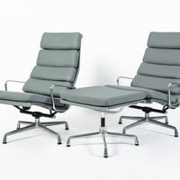 Pair Eames Soft Pad Recliners with Ottoman for Herman Miller, Gray Leather Aluminum Group