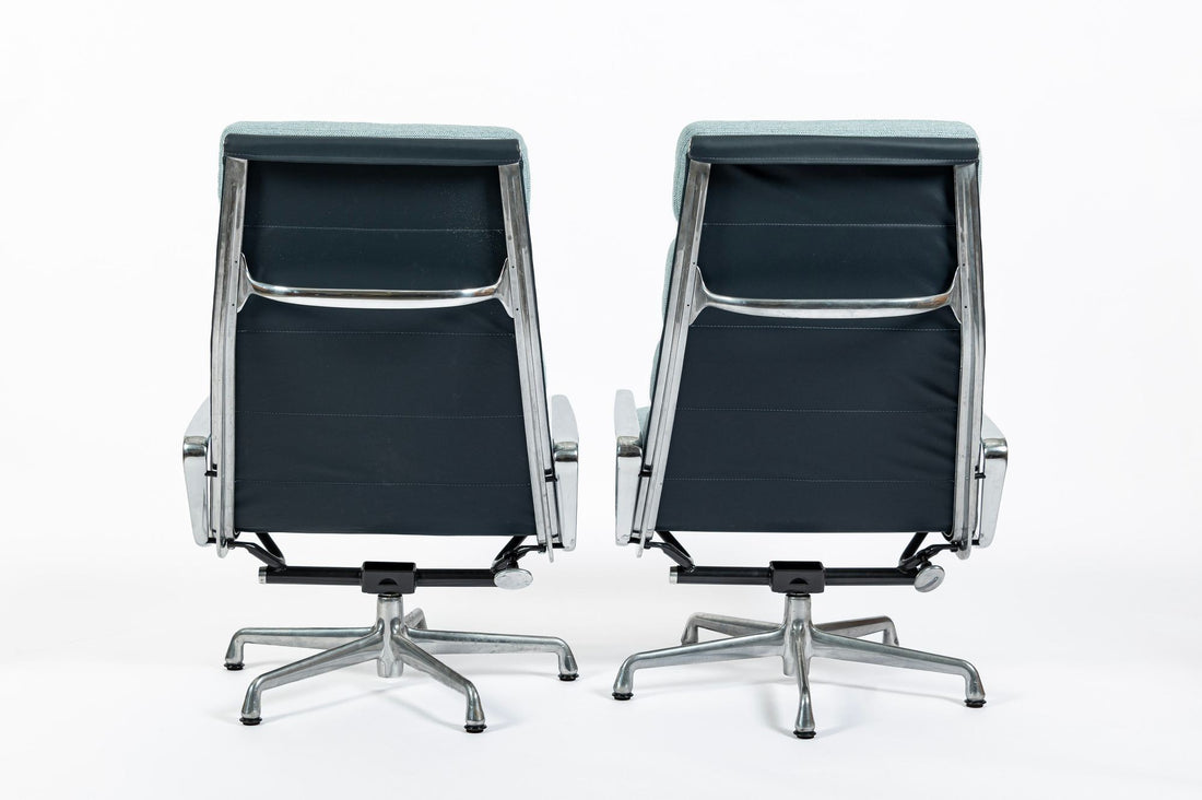 Pair of Eames Soft Pad Recliners for Herman Miller, Blue Gray Aluminum Group Lounge Chairs