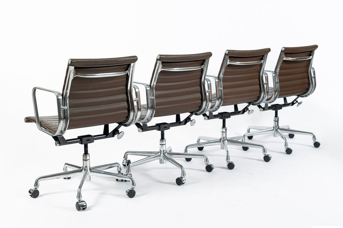 Set of 4 Eames Thin Pad Office Chairs for Herman Miller, Brown Leather Aluminum Group