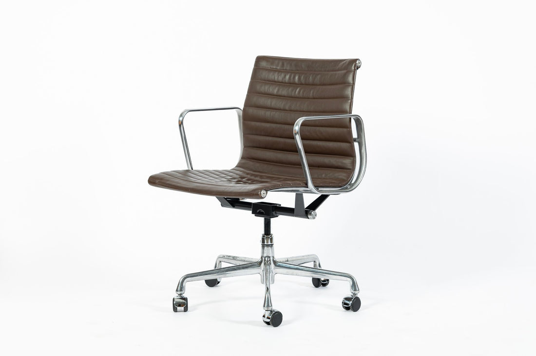 Eames Herman Miller Brown Leather Aluminum Group Thin Pad Desk Chair, 2008