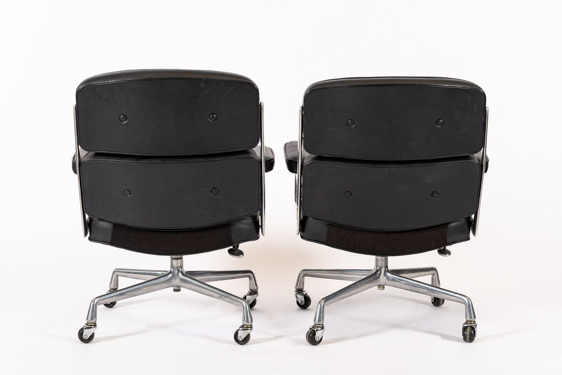 Pair Eames Herman Miller Time Life Black Leather Office Chairs 1980s