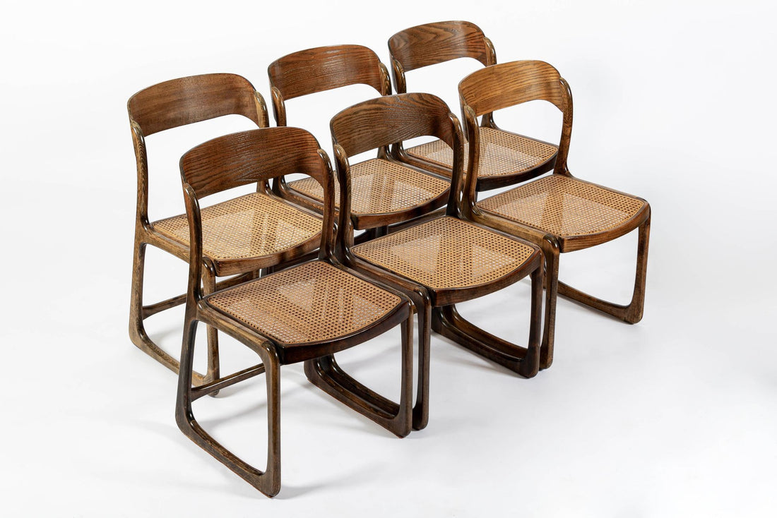 Mid Century Modern French Wood & Cane Wicker Chairs by Baumann