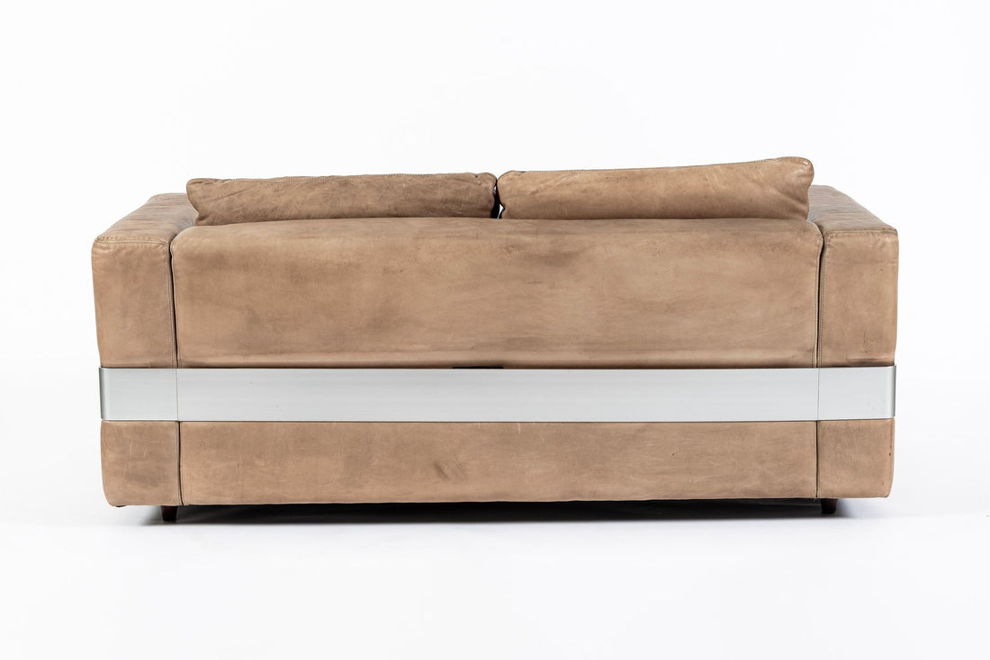 Mid Century German Distressed Brown Leather Sofa in the Style of Robert Haussmann