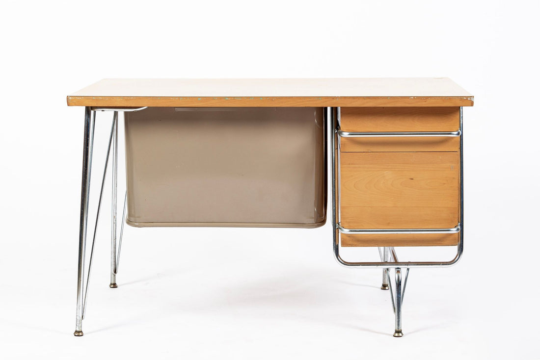 Kem Weber Trimline Desk for Heywood Wakefield, Mid Century Modern Birch and Chrome Office Desk, 1950s