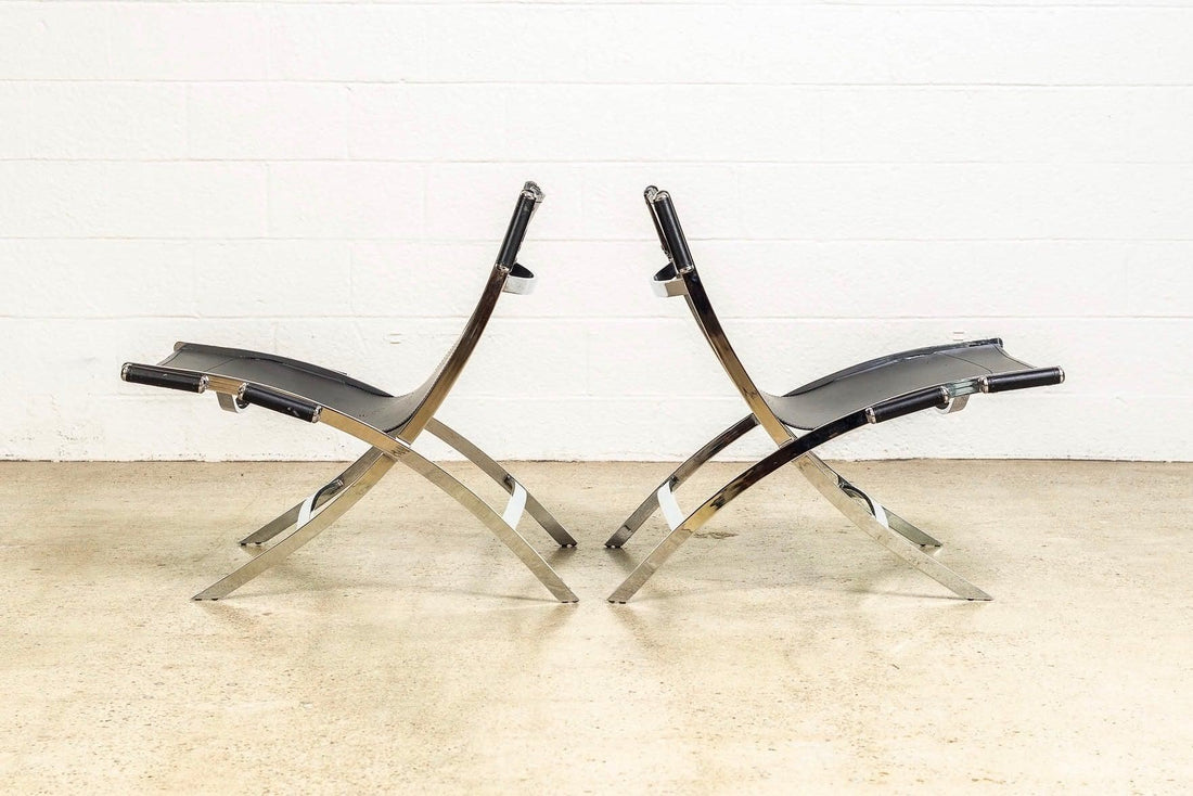 Vintage Postmodern Black Leather and Chrome Lounge Chairs by Antonio Citterio
