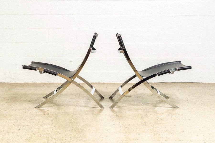 Vintage Postmodern Black Leather and Chrome Lounge Chairs by Antonio Citterio