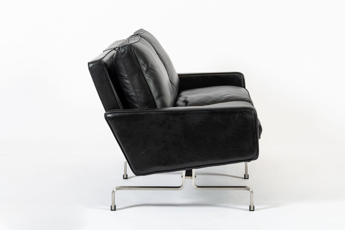 Vintage Postmodern Black Leather & Brushed Steel Loveseat Sofa, 1980s