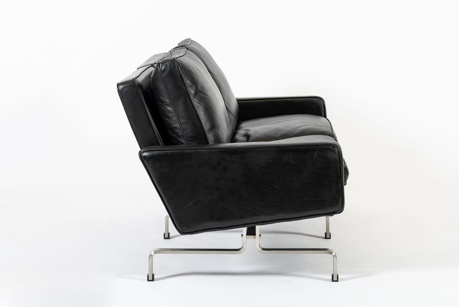 Vintage Postmodern Black Leather & Brushed Steel Loveseat Sofa, 1980s