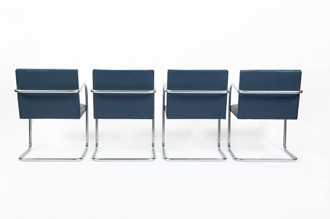 Mid Century Modern Blue Leather Brno Arm Chairs by Mies van der Rohe for Knoll, Set of 4