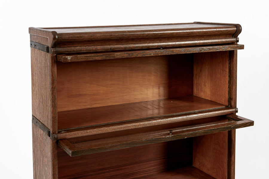 Antique Three Shelf Wood Barrister Bookcase Cabinet with Leaded Glass
