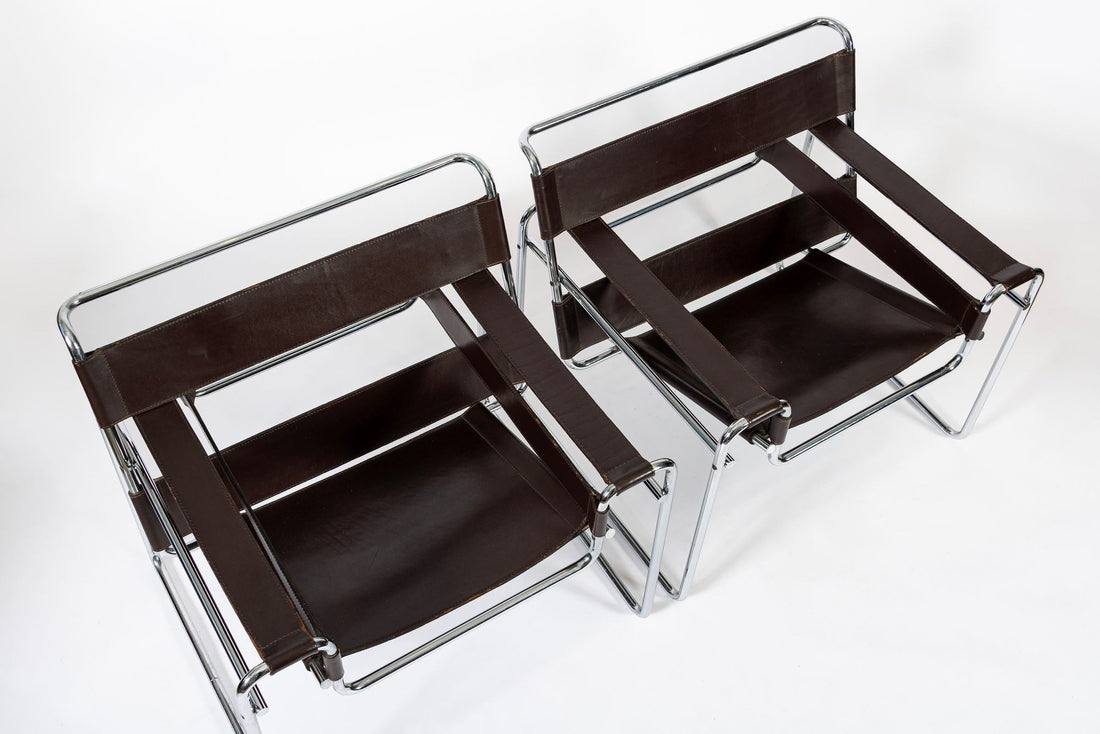 Mid Century Dark Brown Leather Wassily Arm Chairs by Marcel Breuer for Knoll, Signed, 1960s
