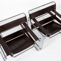 Mid Century Dark Brown Leather Wassily Arm Chairs by Marcel Breuer for Knoll, Signed, 1960s