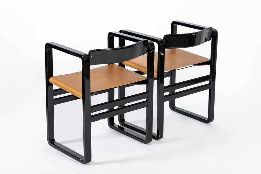 Mid Century Modern Black Lacquer and Brown Leather Arm Chairs 1970s