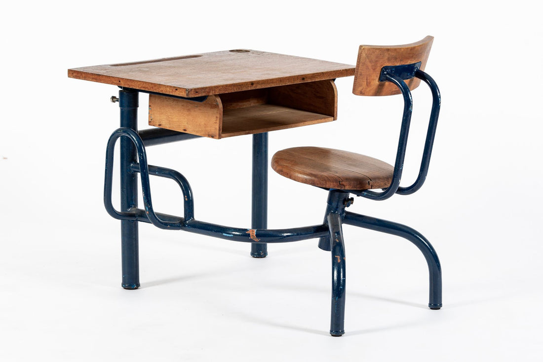 Vintage Antique Wood & Metal Child’s School Desk and Chair in the Style of Jean Prouvé