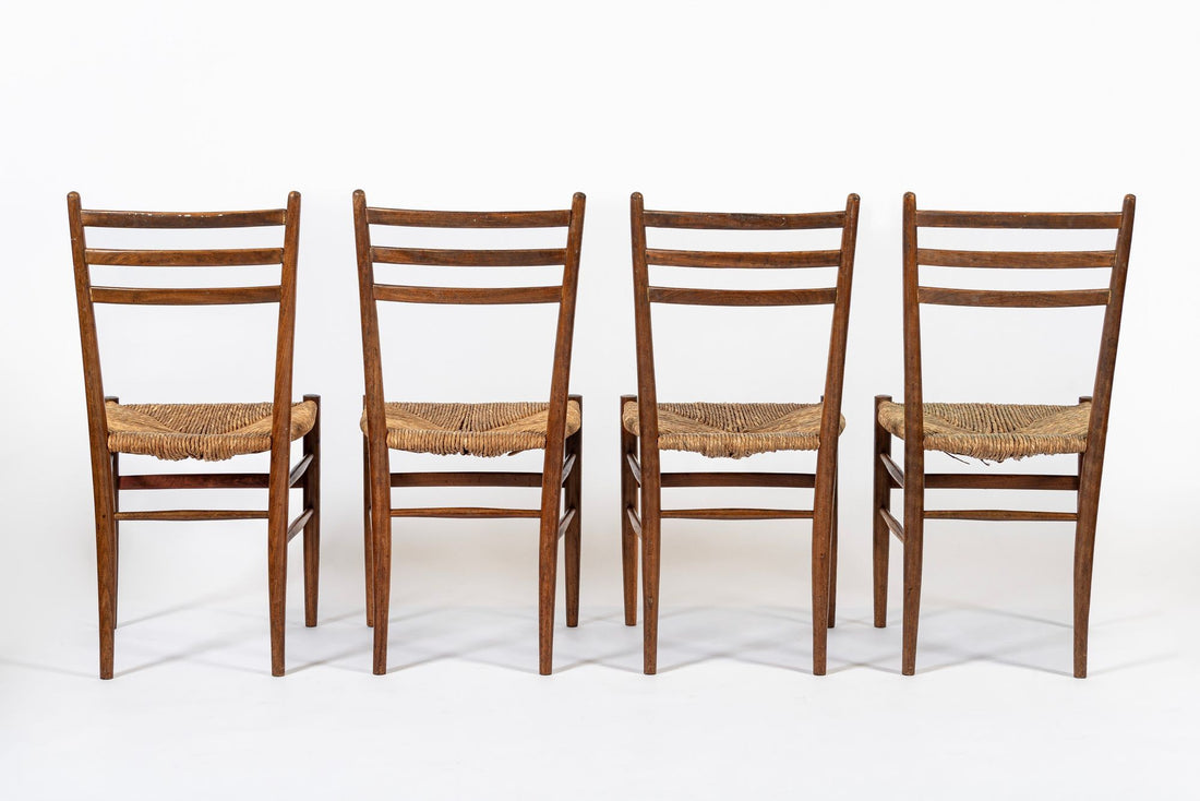 Vintage Rustic Modern Wood and Rush Wicker Dining Chairs, Set of 4