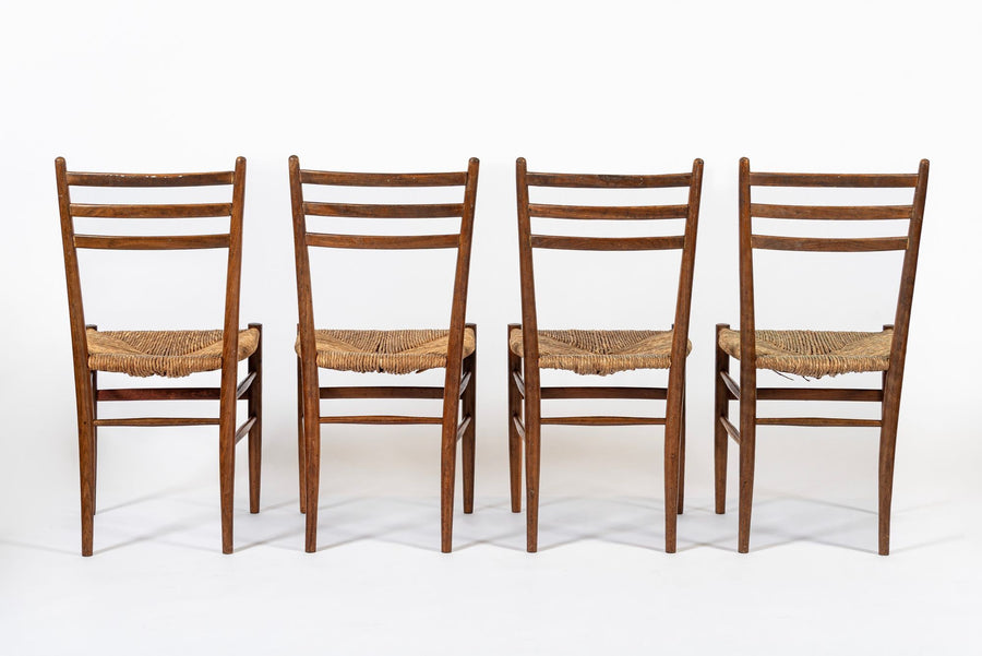 Vintage Rustic Modern Wood and Rush Wicker Dining Chairs, Set of 4