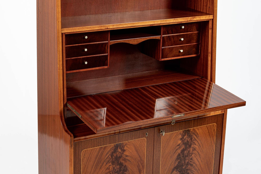 Scandinavian Modern Figured Mahogany Secretary Bookcase Cabinet 1960s