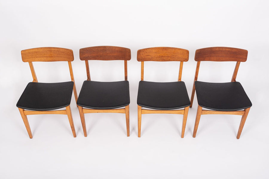 Mid Century Danish Teak Wood & Black Vinyl Dining Chairs