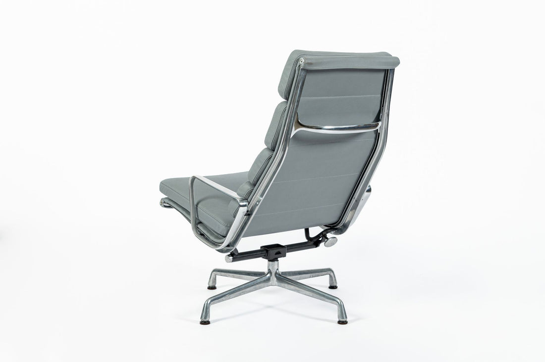 Eames Soft Pad Recliner for Herman Miller, Gray Leather Aluminum Group Lounge Chair