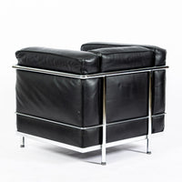 Authentic Cassina LC2 Black Leather Petit Lounge Chair by Le Corbusier, 4x Avail