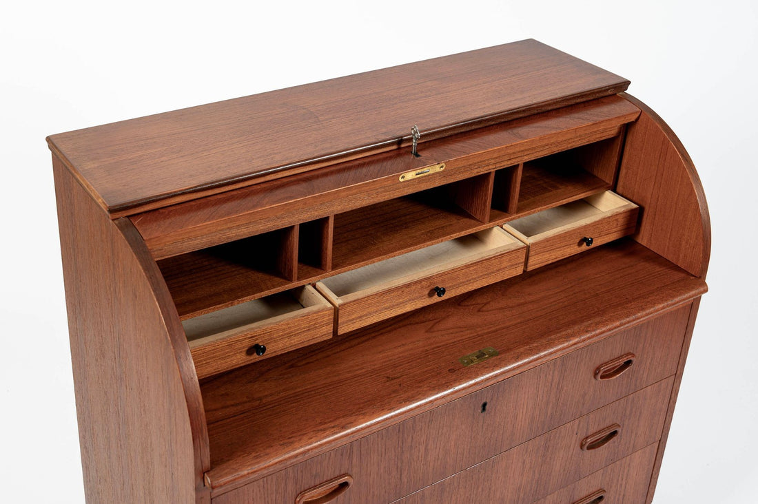 Scandinavian Teak Wood Rolltop Secretary Desk by Egon Ostergaard, Made in Sweden