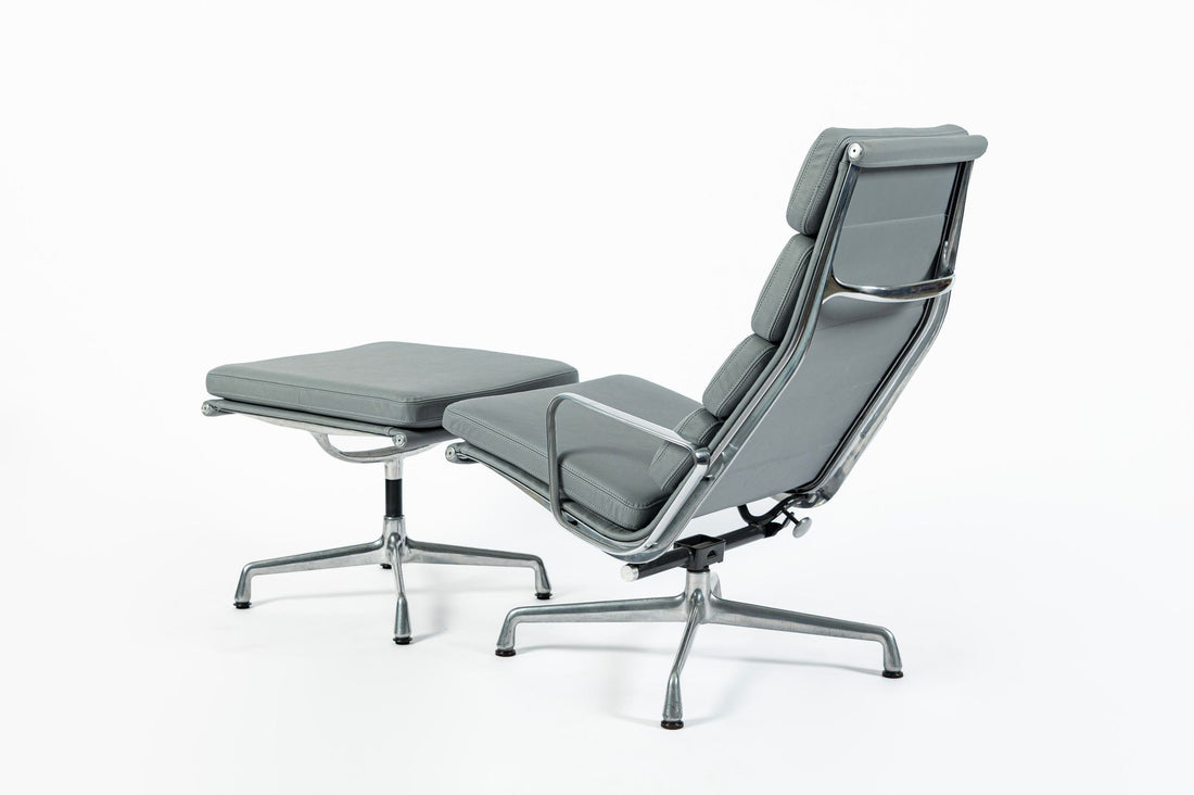Eames Soft Pad Recliner with Ottoman for Herman Miller, Gray Leather Aluminum Group