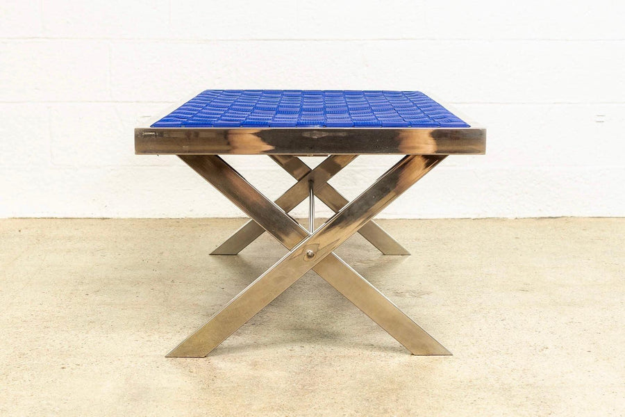 Mid Century Modern Chrome and Blue Strap Bench Milo Baughman Style