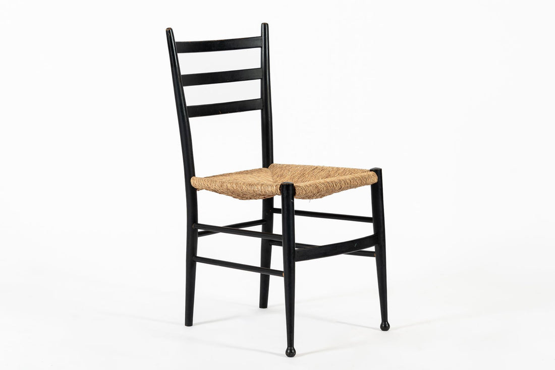 Vintage Mid Century Black Wood and Rush Wicker Dining Chairs