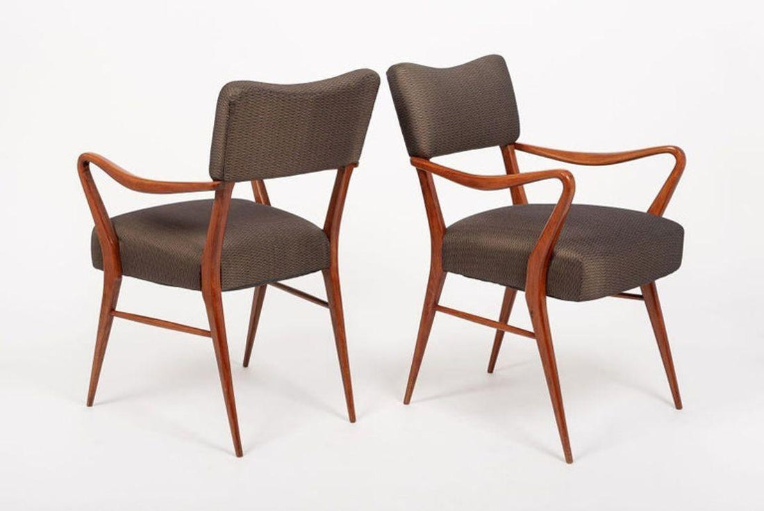 Pair of Mid Century Modern Wood & Brown Upholstered Arm Chairs, 1950s