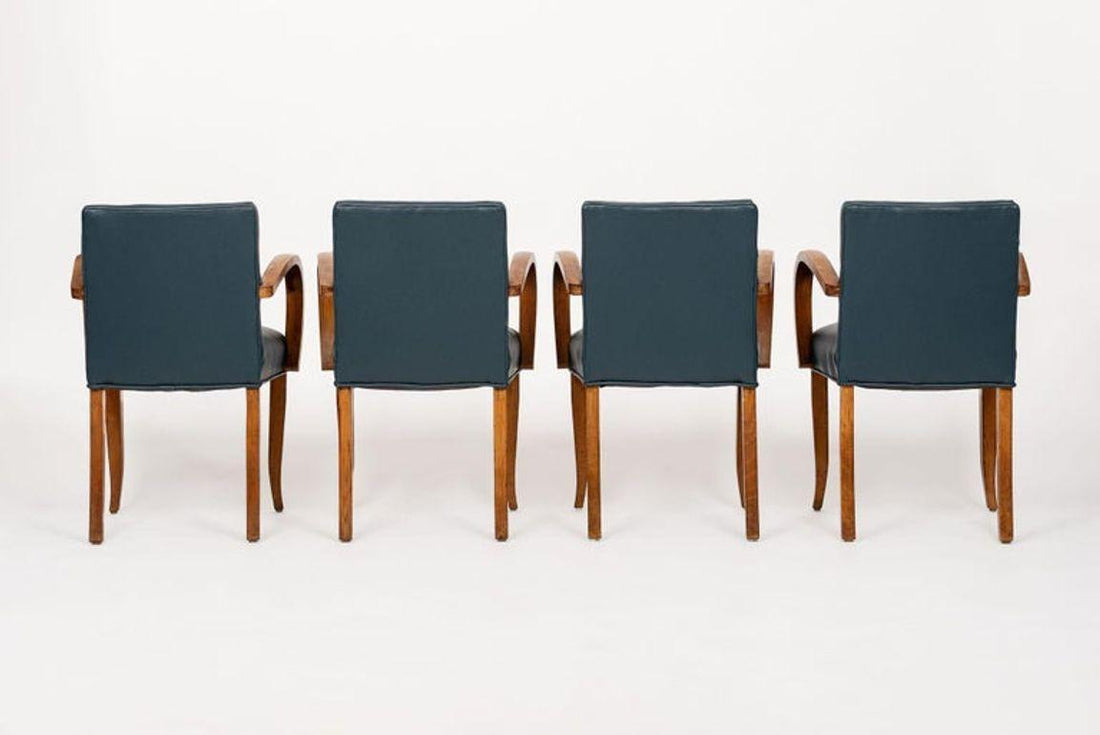 Antique Art Deco Maple Bentwood and Blue Leather Dining Chairs 1930s