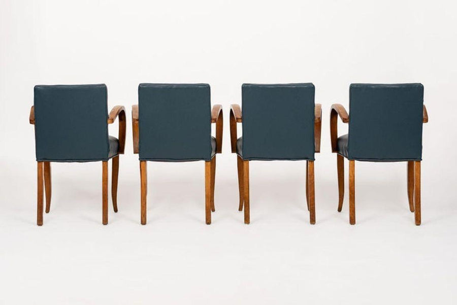 Antique Art Deco Maple Bentwood and Blue Leather Dining Chairs 1930s