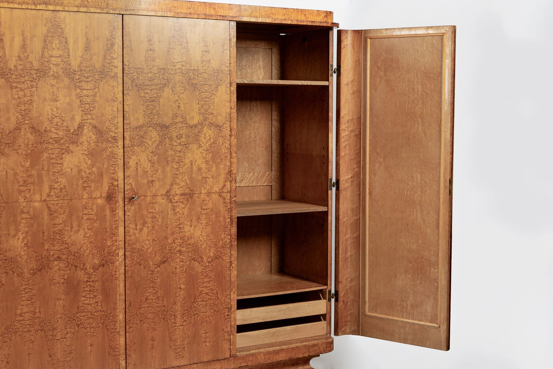 Antique Art Deco Burlwood Elm Armoire Wardrobe Cabinet