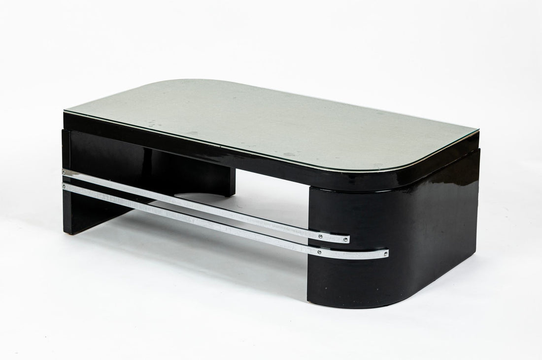 Art Deco Coffee Table in Black Lacquer and Metal Leaf, circa 1935