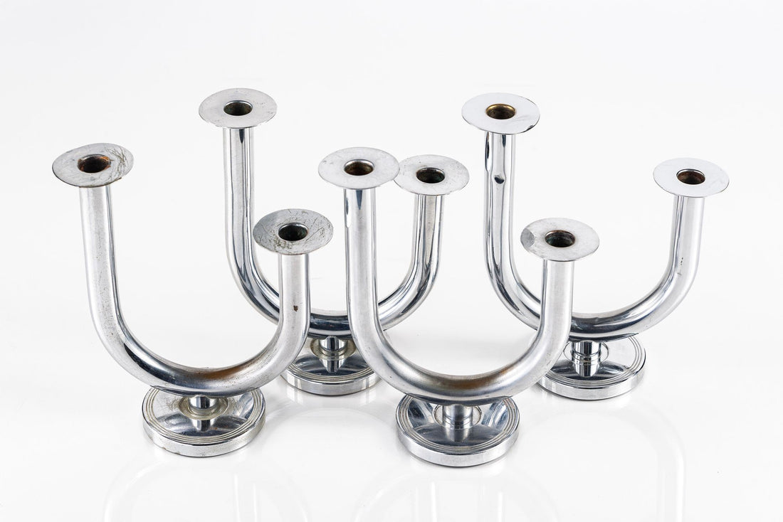 Antique Art Deco Taurex Chrome Candlestick Holders by Walter Von Nessen for Chase