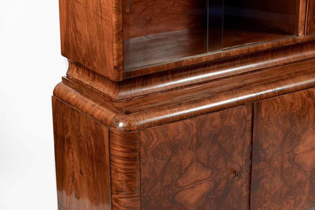 Antique Art Deco Burl Wood China Cabinet or Bar Cabinet with Drop-down Tabletop 1930s