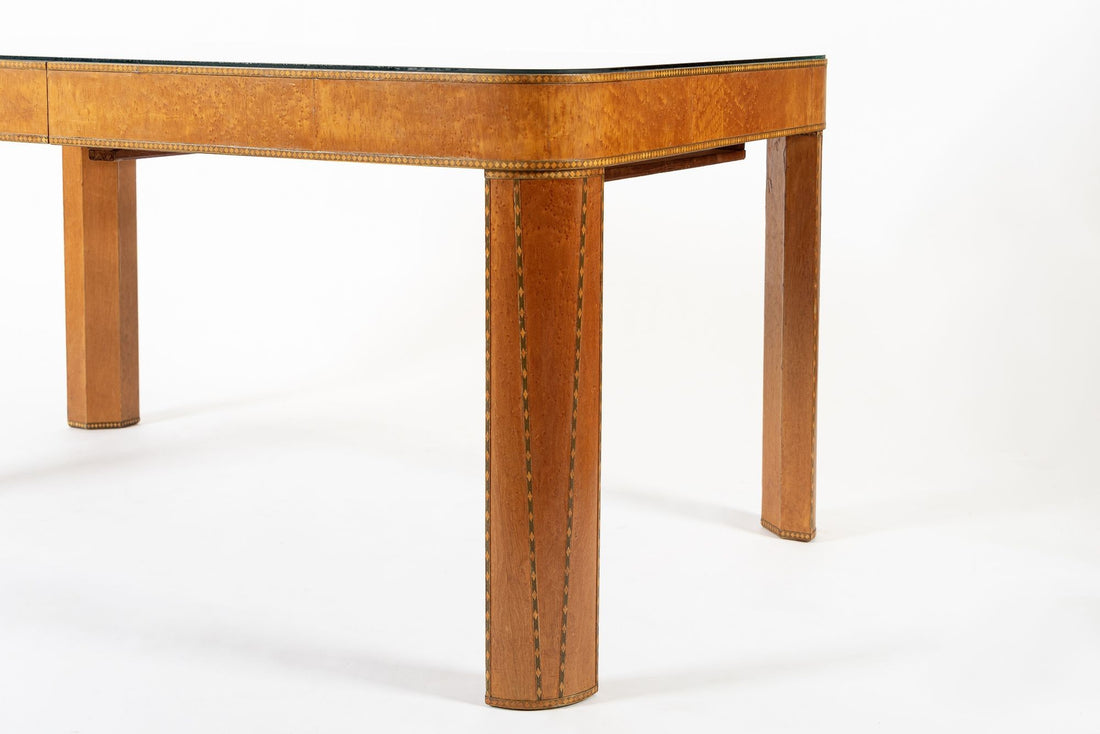 Antique Art Deco Macassar Ebony Wood Dining Table with Glass Top, 1940s