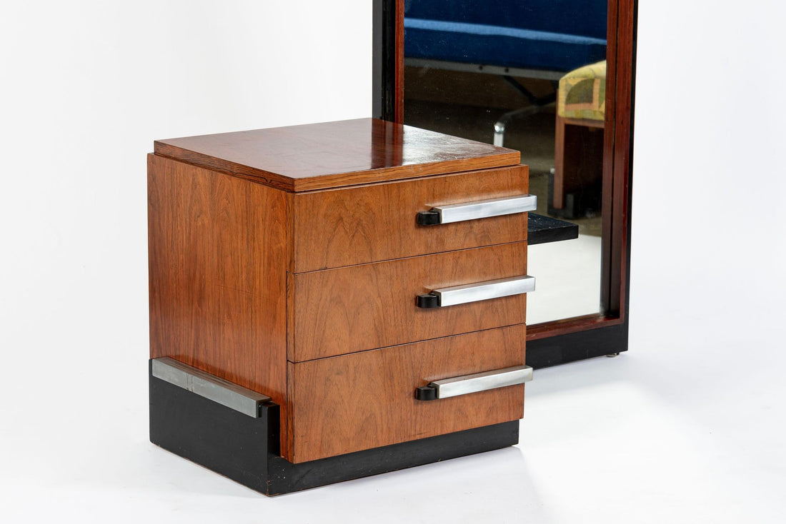 Antique Art Deco Wood Vanity Mirror & Stool by Donald Deskey for Widdicomb 1930s