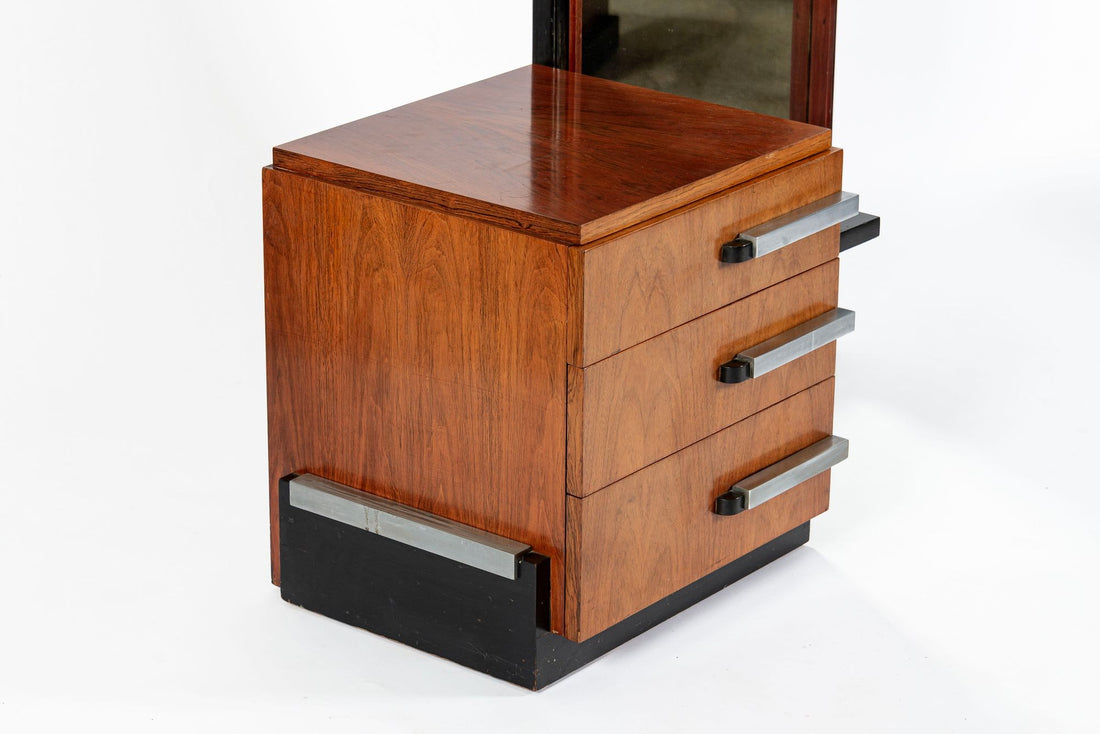 Antique Art Deco Wood Vanity Mirror & Stool by Donald Deskey for Widdicomb 1930s