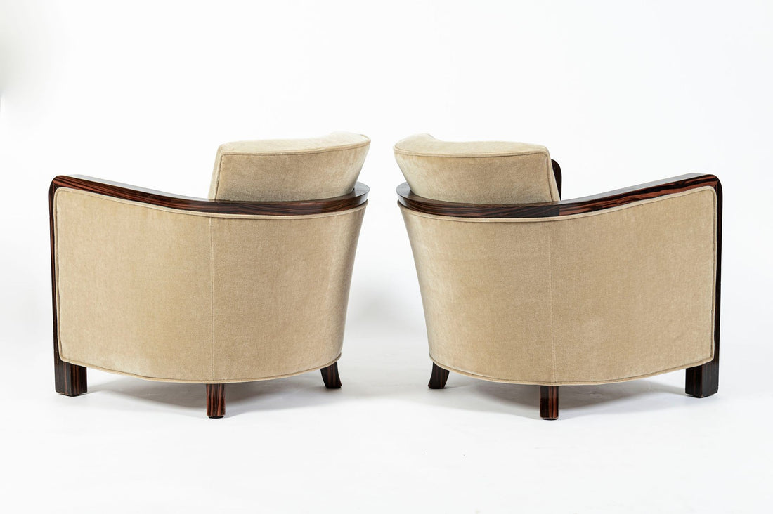 French Art Deco Mohair Lounge Chairs by Eric Bagge for Mercier Frères, Macassar Ebony, 1920s
