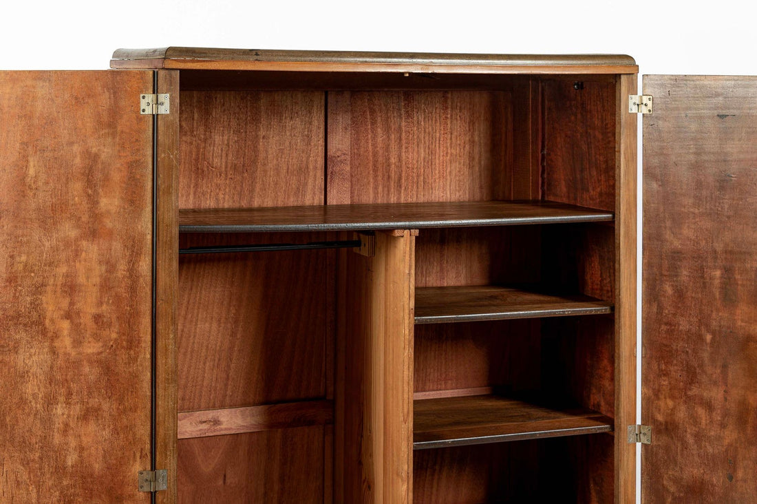 Antique French Art Deco Mahogany Wardrobe Armoire Cabinet, 1940s