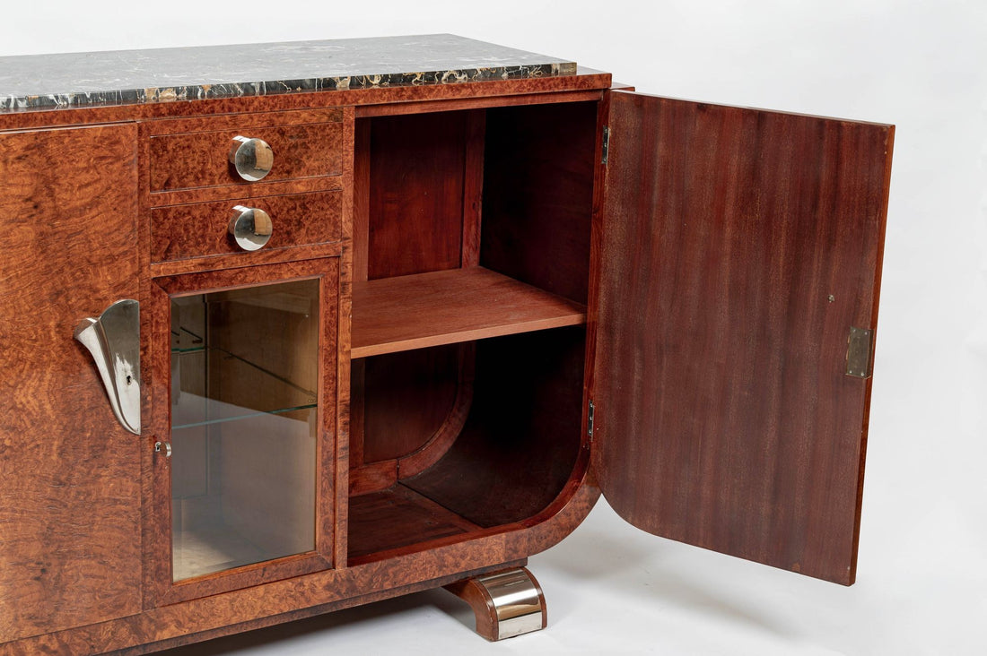 French Art Deco Amboyna Burl Sideboard or Bar Cabinet with Marble Top, Circa 1930