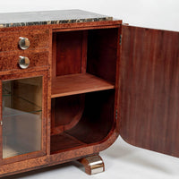 French Art Deco Amboyna Burl Sideboard or Bar Cabinet with Marble Top, Circa 1930