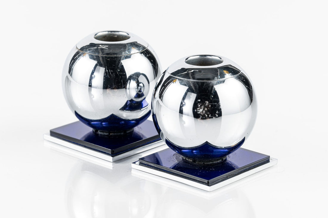 Art Deco Chrome and Cobalt Blue Candleholders by Walter von Nessen for Chase, 1930s